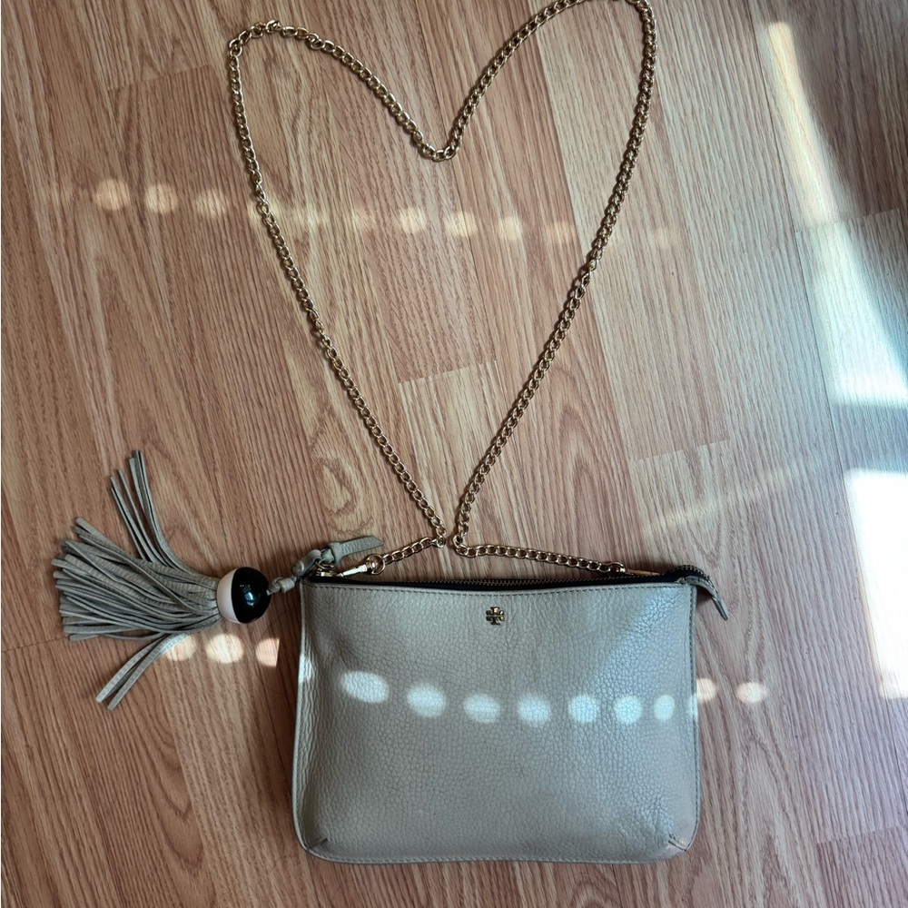 Vintage Tory Burch Taupe Pebbled Leather Crossbody with Gold Chain